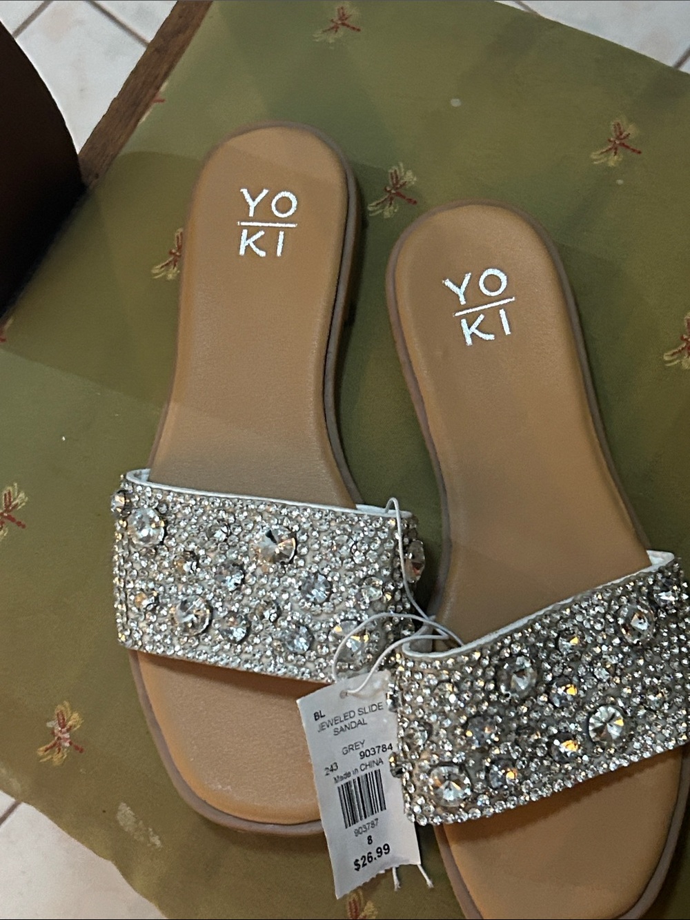 Women's Jeweled Tan Slide Sandals